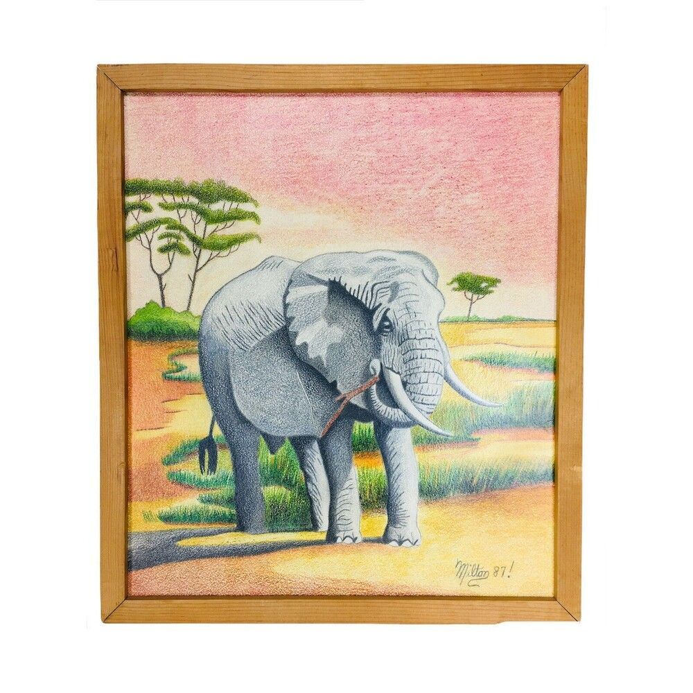 VTG Elephant Landscape Scene Original Colored Pencil Drawing Signed Art Framed